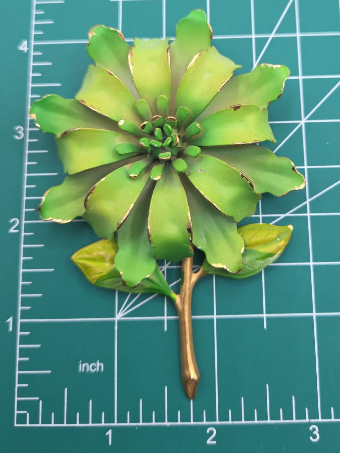 Vintage green enamel metal flower brooch 1960's