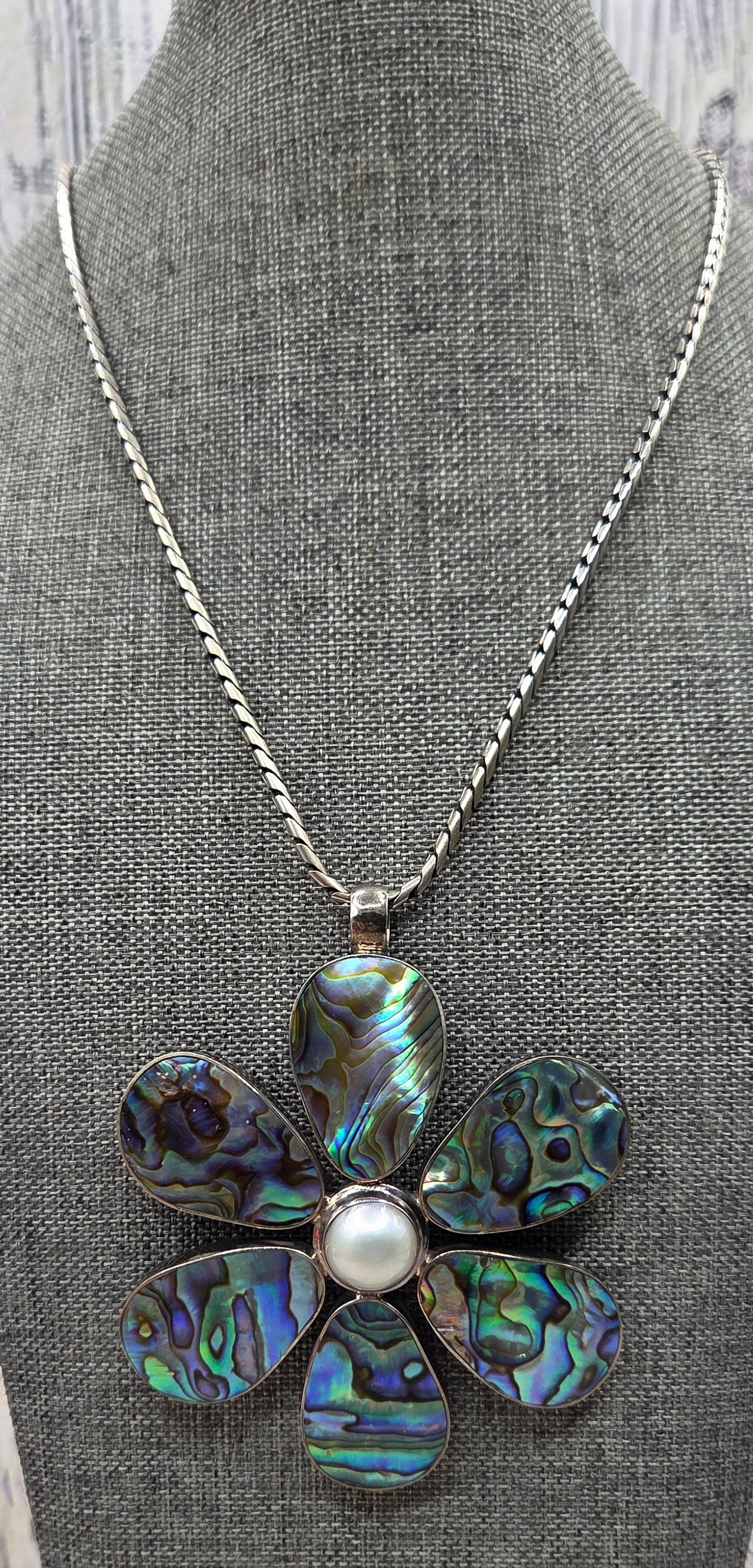 Vintage Boho Hippy Abalone flower sterling silver Thick sterling silver Chain