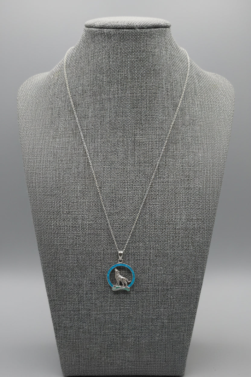Vintage Sterling Silver Opal Wolf Moon Pendant with Chain