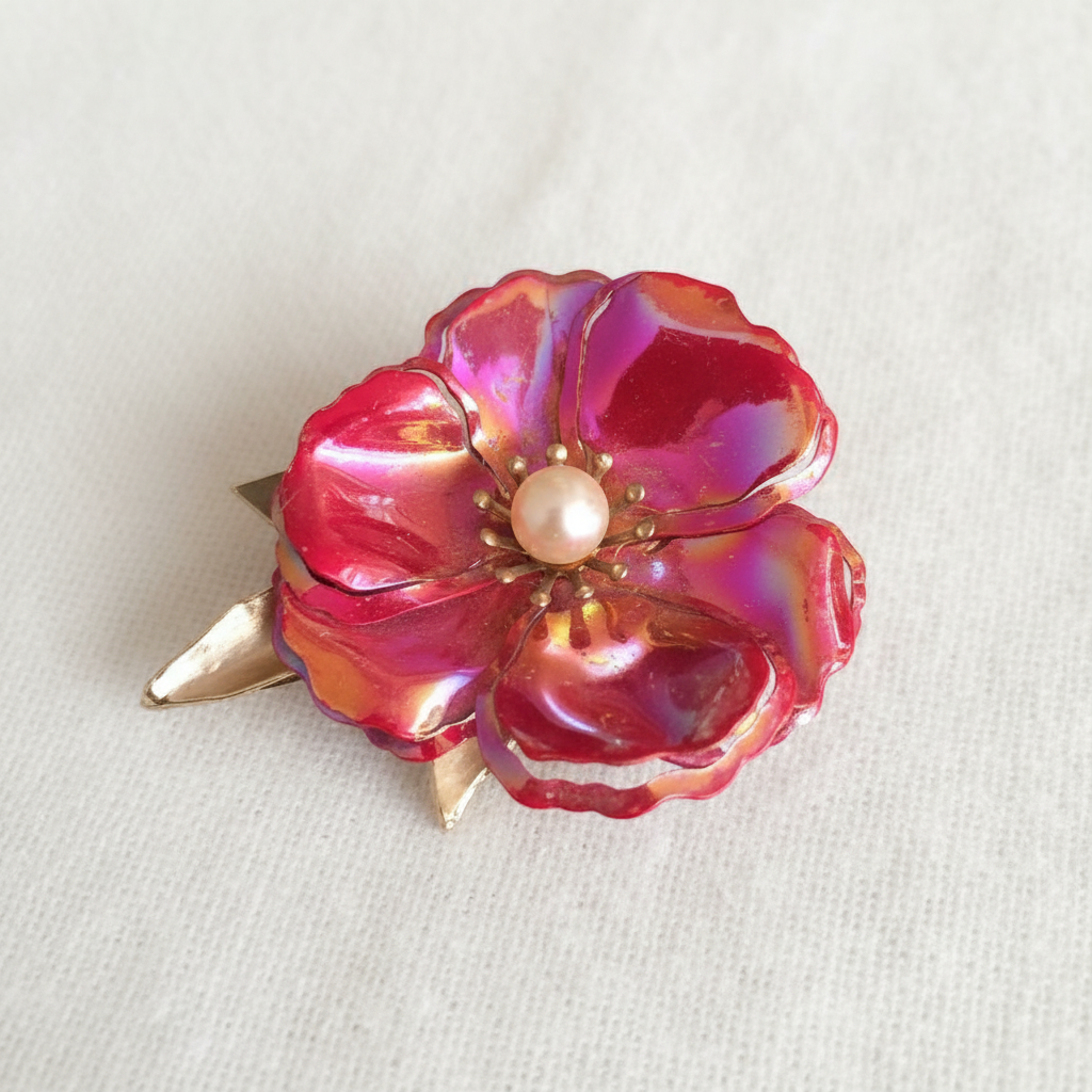 Vintage hot pink pearl center metal flower